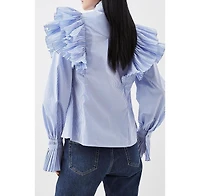 Karen Millen Women's Pleated Striped Ruffle Woven Shirt