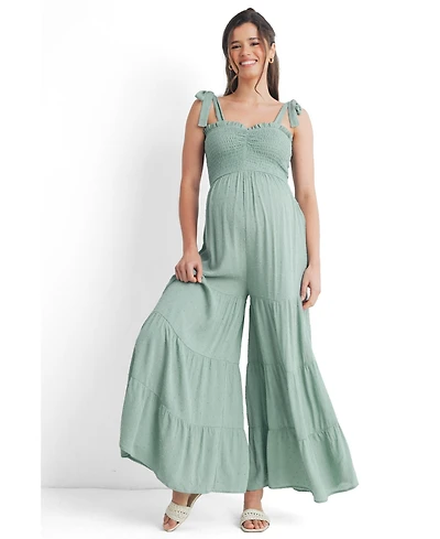 Hello Miz Maternity Sleeveless Smocked Wide Leg Jumpsuit with Tie Straps