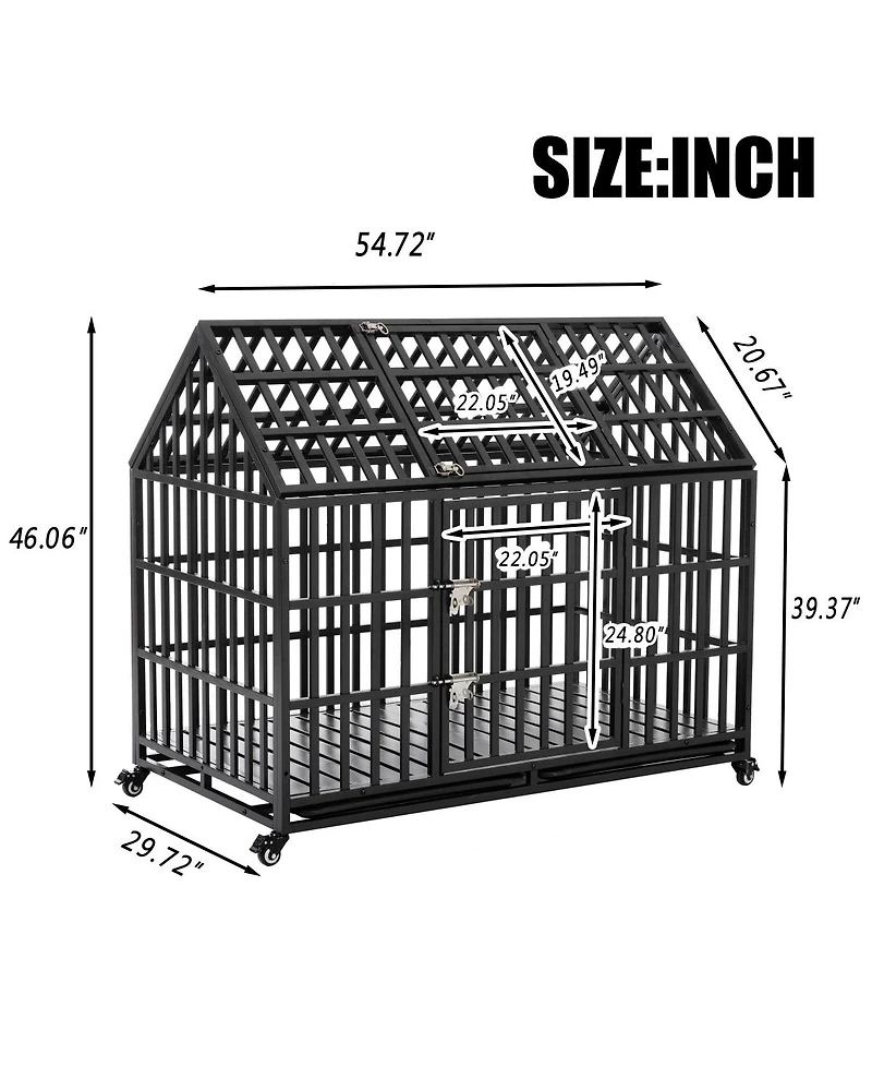 6thdruple Heavy Duty Dog House Crate Large Black Metal Kennel with Roof Door Lockable Wheels