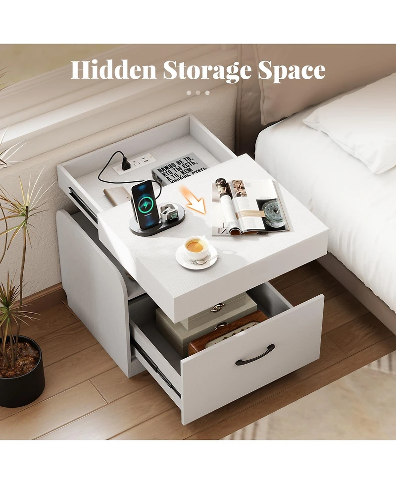Gymax Nightstand with Charging Station Drawer and Sliding Top Storage Tray Open Shelves