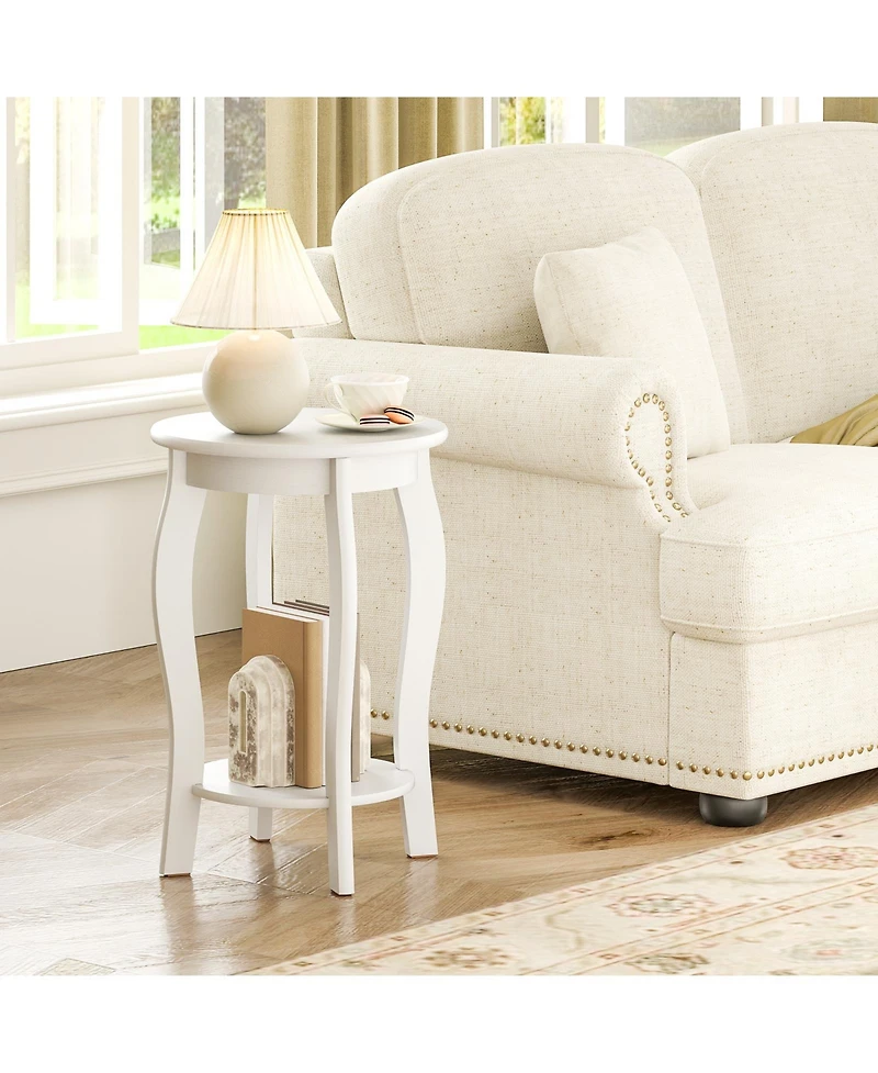 Gymax 2-Tier Round End Table Narrow Sofa Side Nightstand with Storage Shelf and Wood Legs