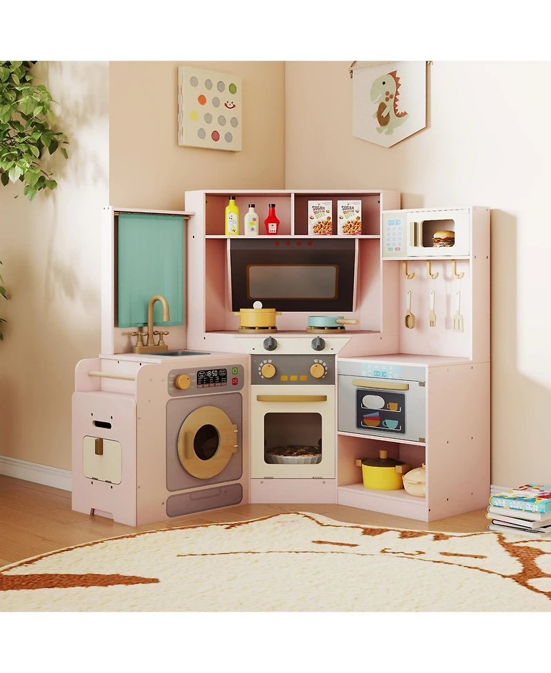 Gymax Corner Kitchen with Lights and Sounds Interactive Wooden Playset for Ages three plus