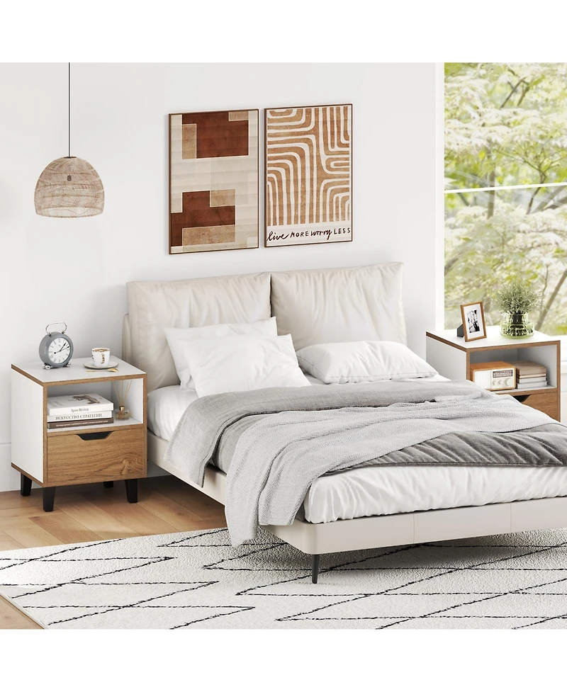 Gymax 2-Piece Nightstand Mid Century Modern Bedside Table with Drawer Open storage Shelf
