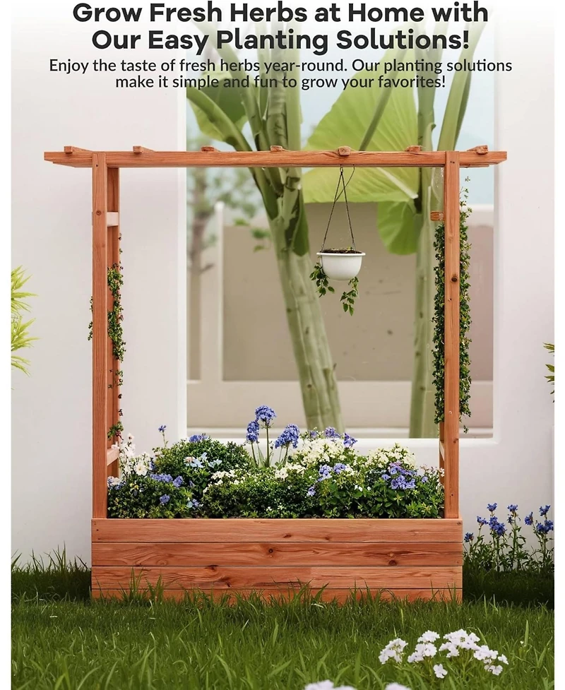Xo 43"x17"x45" Elevated Garden Bed with Trellis, Wooden Planter Box with Roof for Climbing Plants Flowers, Outdoor Patio Garden