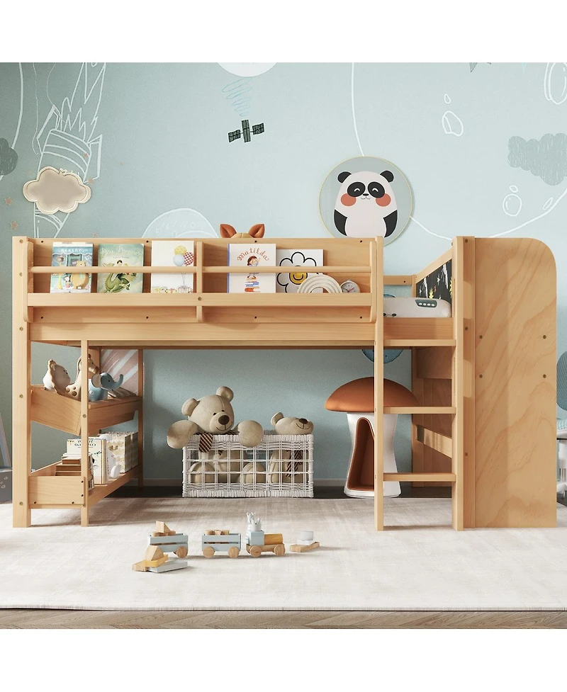 Streamdale Furniture Solid Wood Low Loft Bed with Desk, Storage, and Blackboard