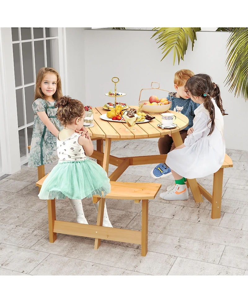 Gymax Kids Outdoor Wooden Picnic Table and Bench Set Umbrella Hole and Built-in Seats
