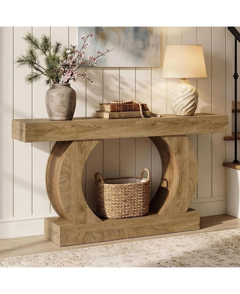 Tribesigns 59-Inch Farmhouse Console Table, Curved Entryway Table with Unique Circular Base, 2-Tier Behind-Couch Console