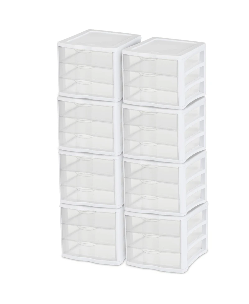 Sterilite ClearView Compact Stacking 3 Drawer Storage Organizer System, (8 Pack)