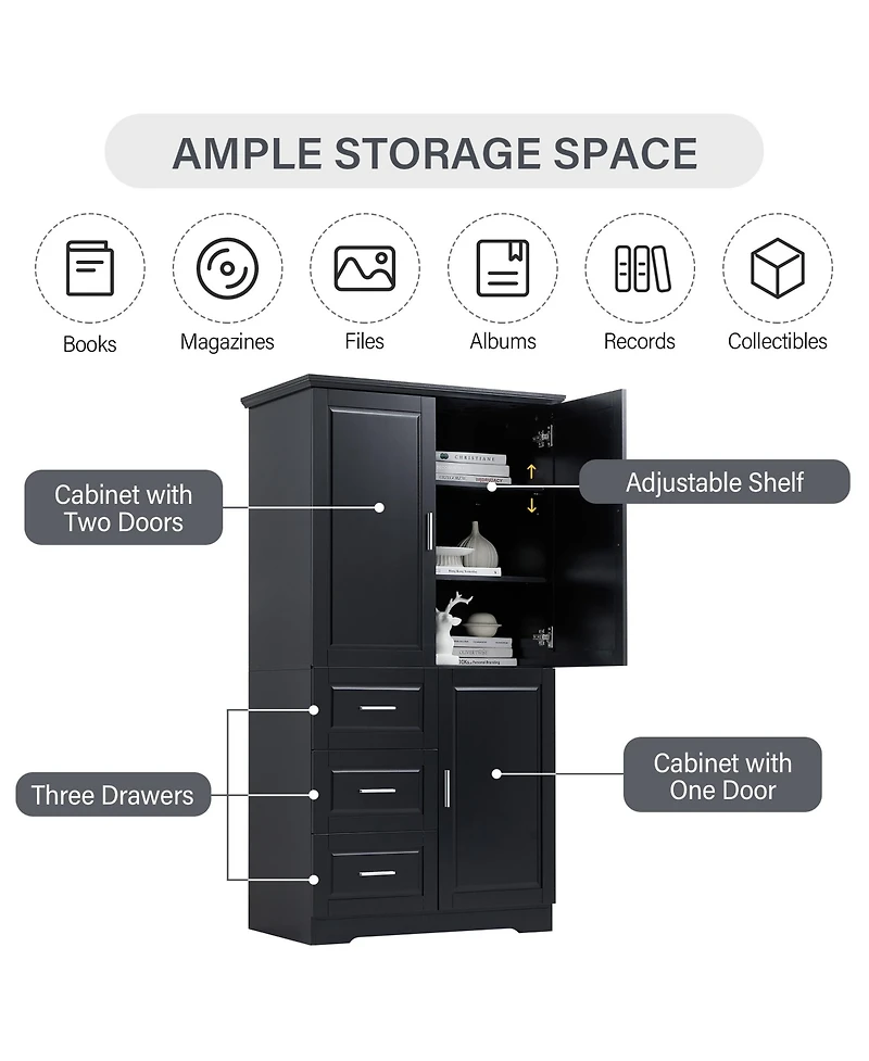sumyeg Tall Storage Cabinet with Doors and 3 Drawers for Bathroom, Office or Home Organization