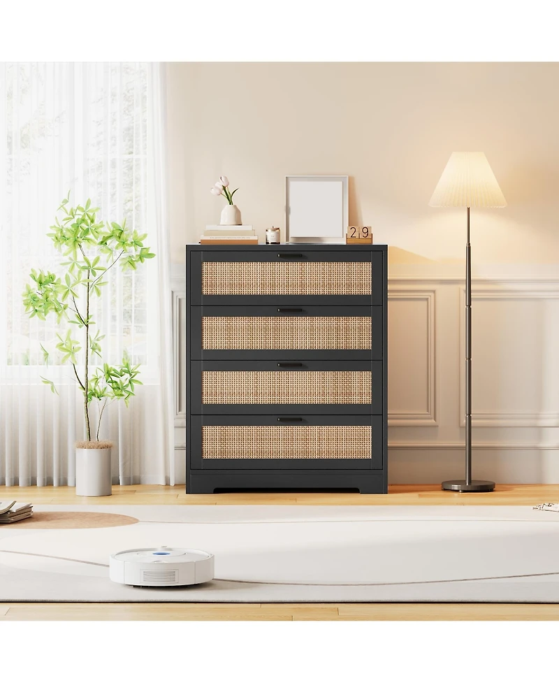 homfan Tall 4-Drawer Rattan Dresser with Wood Top, Modern Storage Chest Handles for Bedroom, Living Room, Entryway, Hallway