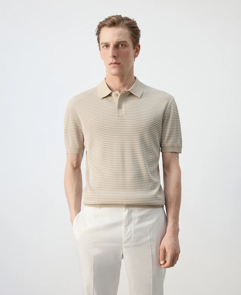 Mango Men's Striped Knit Cotton Polo Shirt