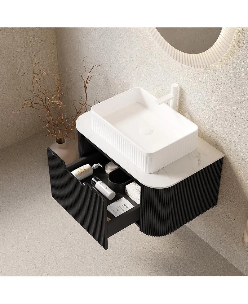 Sillysis Wall Mounted Bathroom Vanity with Ceramic Sink, Matte Stripe Plywood Cabinet, Soft Close Drawer