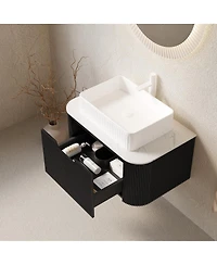 Sillysis Wall Mounted Bathroom Vanity with Ceramic Sink, Matte Stripe Plywood Cabinet, Soft Close Drawer