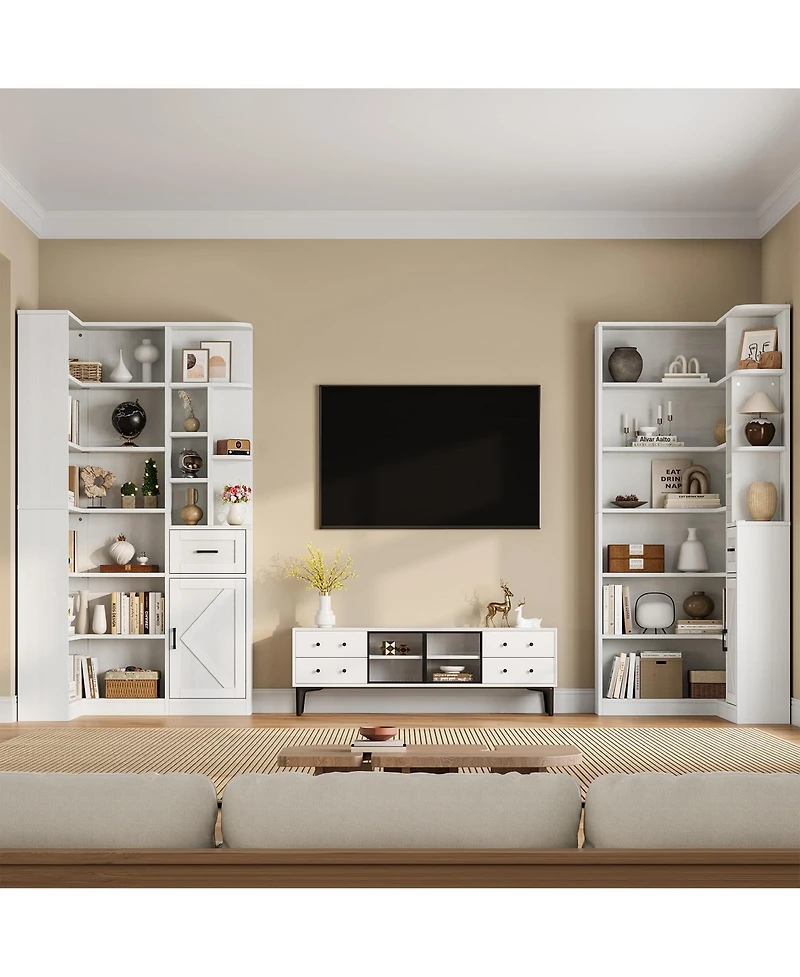 Gaomon 74" Tall 6-Tier L-Shaped Corner Bookshelf with Drawer and Cabinets for Home, Office, White