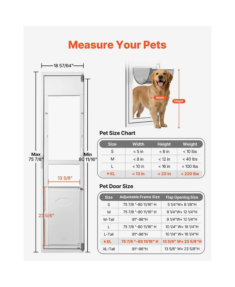 Cozito Dog Door for Sliding Glass Door Adjustable Height Extra Large Flap 180 Degree Swing