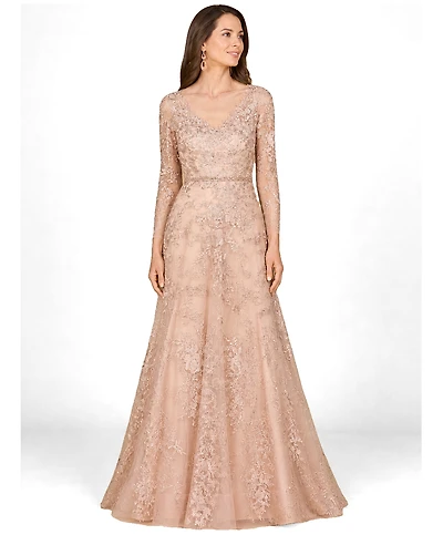 Lara Women's Long Sleeve V-Neck Lace Gown with Beaded Belt