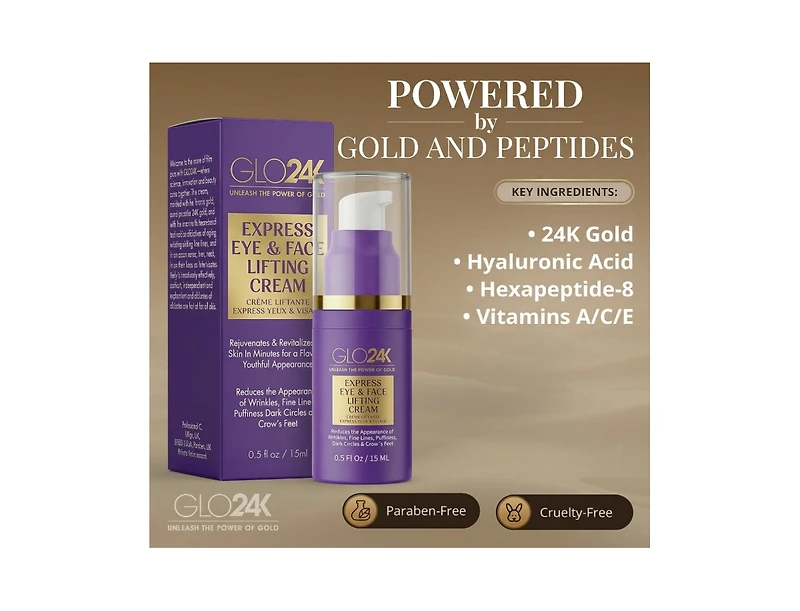 GLO24K Express Eye and Face Lifting Cream, Instant Smoothing and Firming Treatment for Wrinkles, Fine Lines, and Puffiness