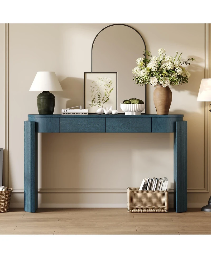 Rainsken 55" Farmhouse Entryway Table, with Natural Wood Grain Finish, 2 Drawers, Fluted Design, for and Living Room