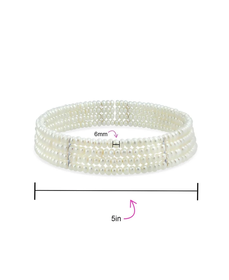 Bling Jewelry Fine Classic Bridal Necklace Wide 4-Row Freshwater Pearl Choker Gold Bar Accent