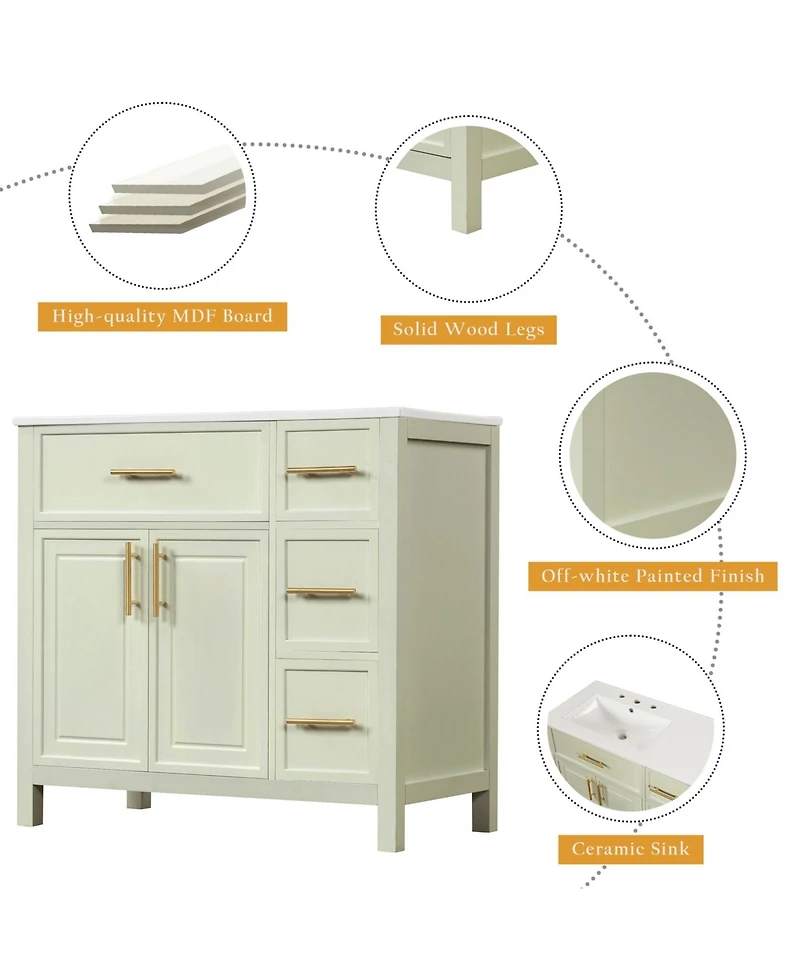 Phying 36 Inch Bathroom Vanity with Sink Top Solid Wood Bathroom Vanity Cabinet Modern Storage Bathroom Furniture for Home Bathroom