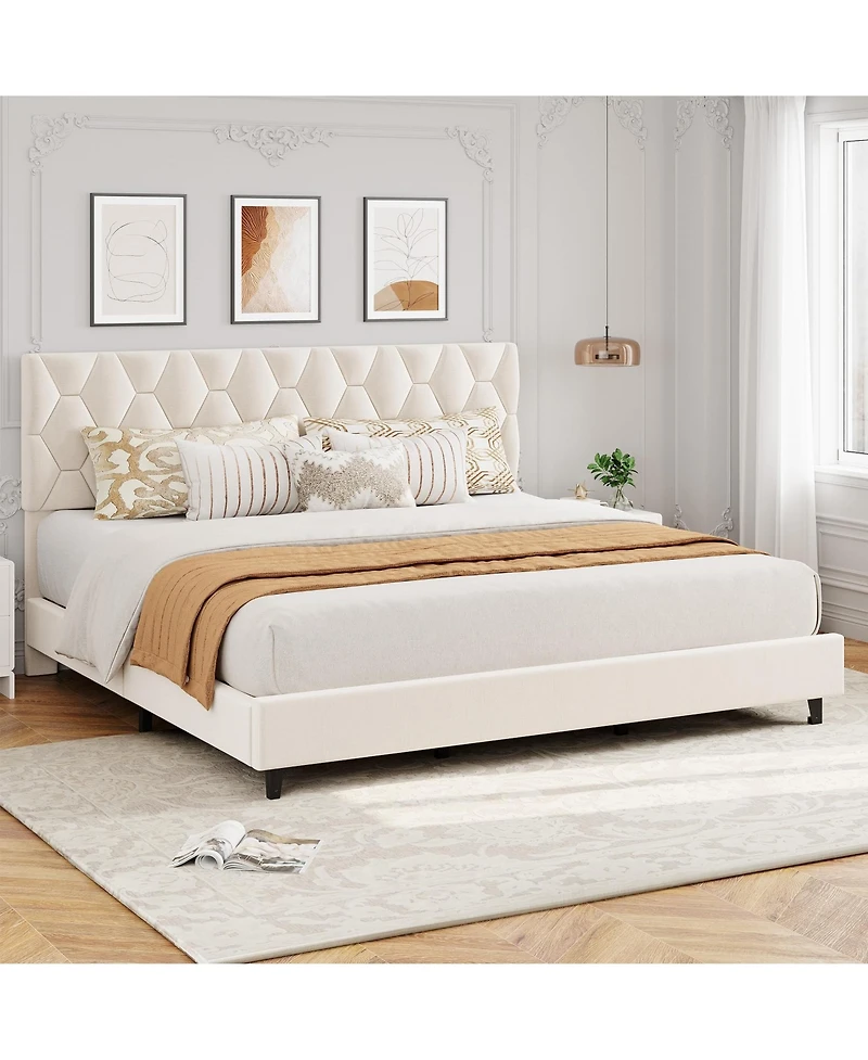 homfan Upholstered Platform Bed Frame with Adjustable Headboard, Wood Slat Support, Quiet Design