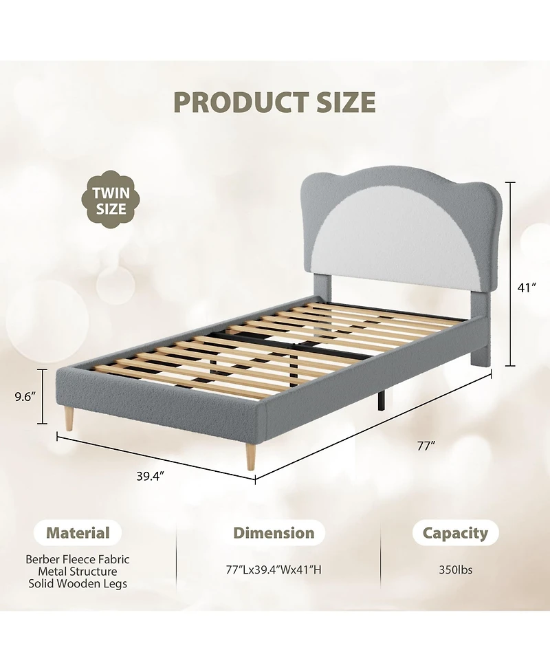 homfan Kids Upholstered Platform Bed Frame with Velvet Headboard, Wood Slat Support, Low Profile Design, No Box Spring Required