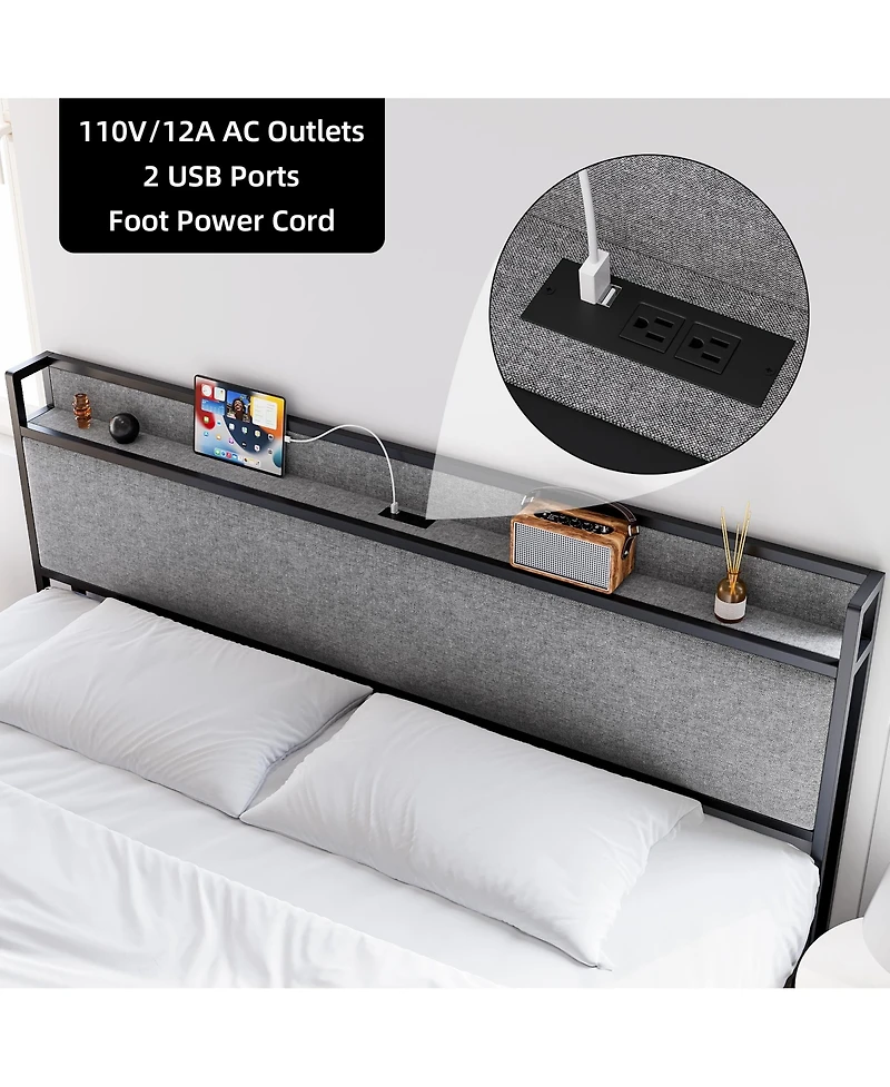 homfan Modern Upholstered Storage Platform Bed with Two Drawers, Shelf Headboard and Usb Charging Station, Heavy Duty Build