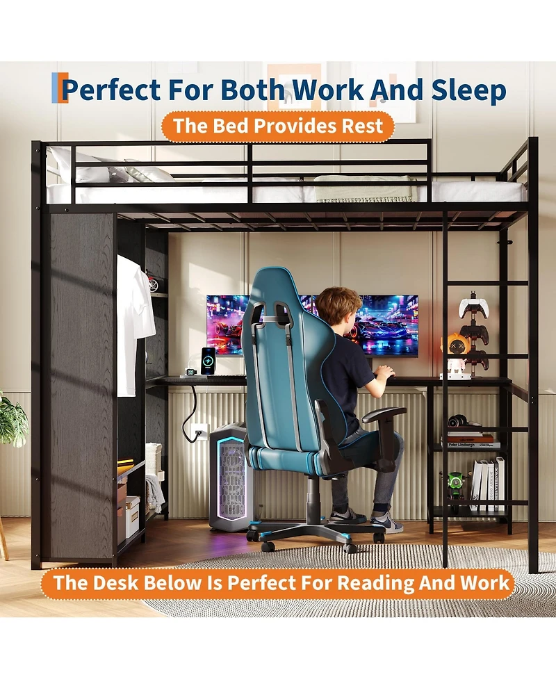 gaomon Queen Size Loft Bed with Desk and Storage Shelf, Heavy-Duty Metal Bed Frame Equipped with Wardrobe, Clothes Hanging Rod, Guardrail and Ladder