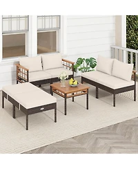 Costway 7 Pcs Wicker Furniture Set with Ottomans Side Table Acacia Wood Tabletop Armrests