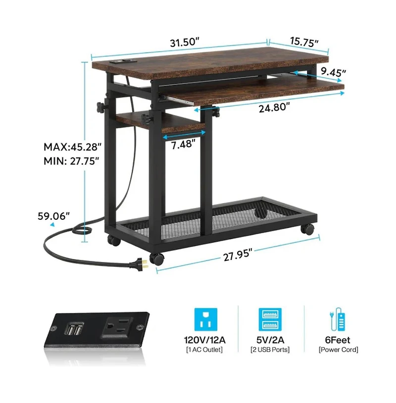 Slickblue Mobile C Table with Power Outlet for Sofa and Bedside Use