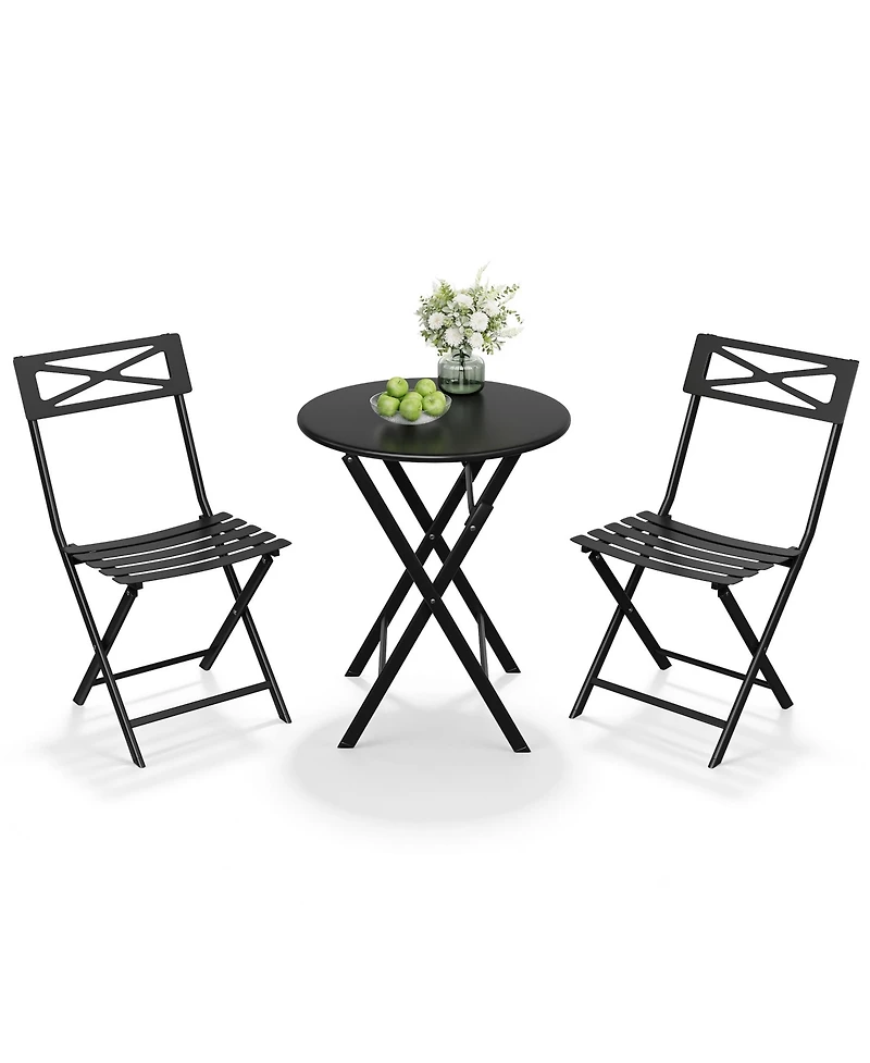GarveeLife 3-Piece Steel Folding Bistro Set, Outdoor Patio Table and 2 Chairs Set, Round Table with Weather-Resistant Design for Balcony, Garden, Yard