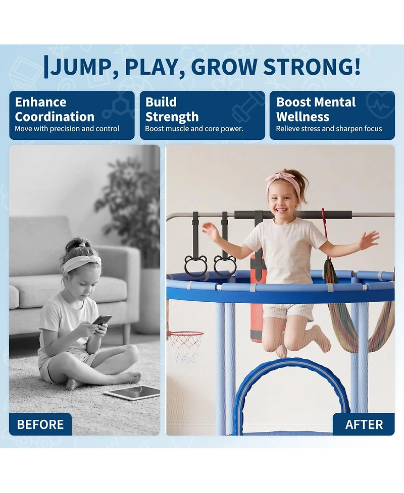 gaomon 60" Kids Trampoline with Safety Enclosure Net and Adjustable Gymnastics Bar - Multi-Toy Set and 440lbs Capacity