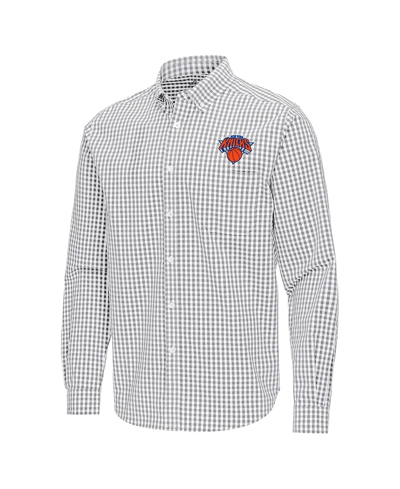 Antigua Men's Gray New York Knicks Ellis Woven Tri-Blend Button-Down Shirt