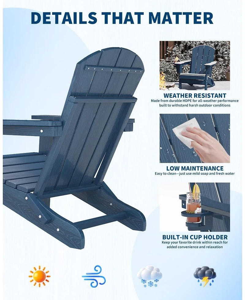 Xo Folding Adirondack Chair Set of 2, Hdpe Outdoor Chairs with Wood Grain Texture and Cup Holder, All Weather Patio Chairs 380Lbs Capacity