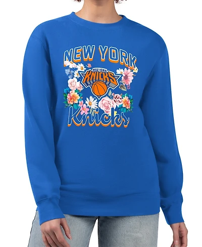 G-iii 4Her by Carl Banks Women's Blue New York Knicks Flowers Team Logo Graphic Fleece Crewneck Pullover Sweatshirt