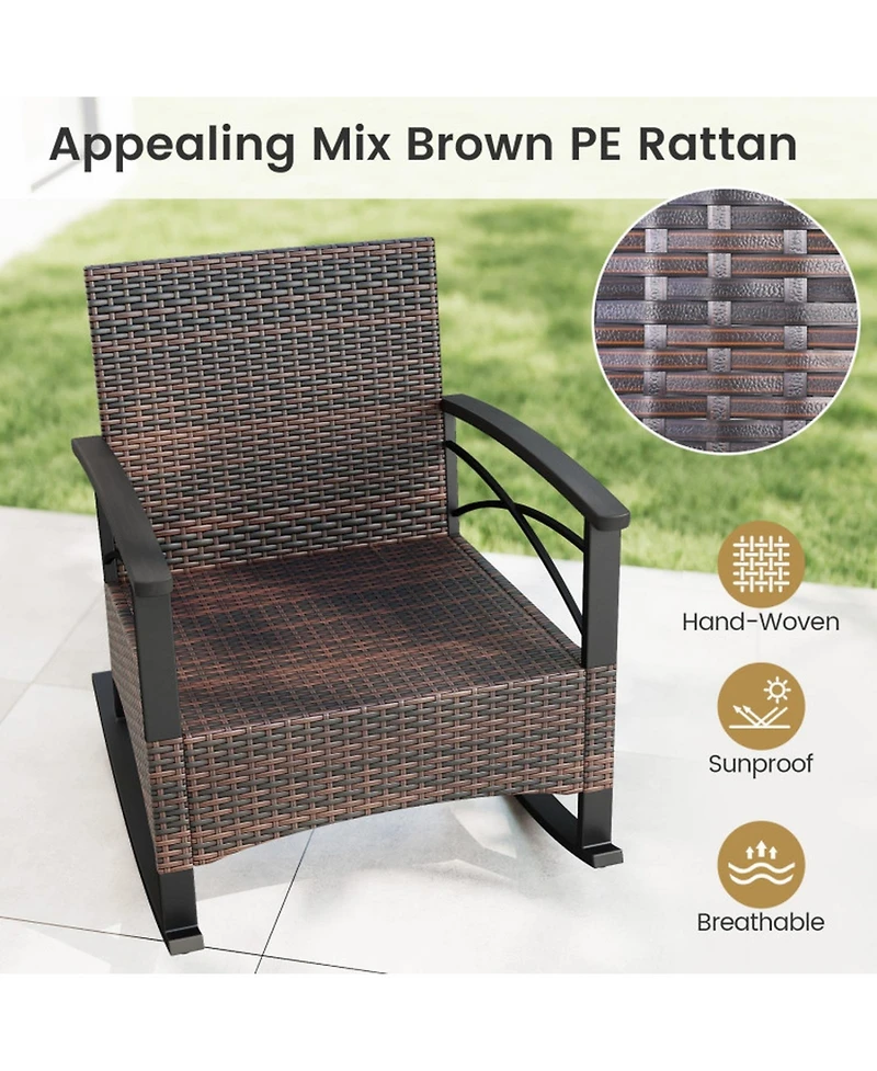 Sugift Rocking Bistro Set Pe Rattan Rocker Chairs with Acacia Wood Top Table