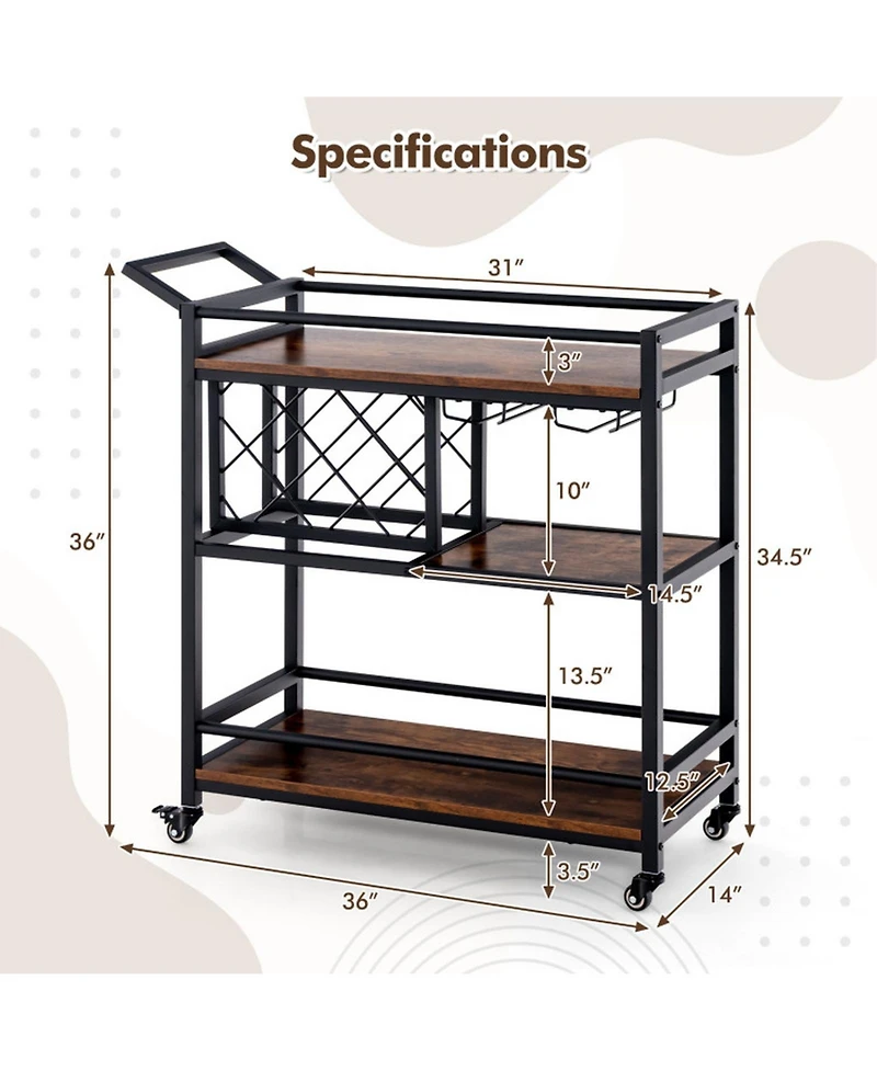 Gouun 3-Tier Bar Cart on Wheels with Wine Rack and Stemware Holder