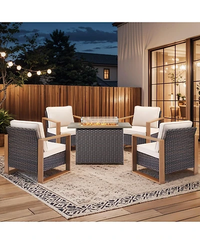 Pocassy Patio Resin Wicker Furniture Set with Fire Pit Table, Pe Rattan Swivel Chairs Propane Table,5PCS Conversation