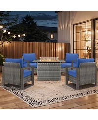 Pocassy Patio Resin Wicker Furniture Set with Fire Pit Table, Pe Rattan Swivel Patio Chairs with Propane Fire Pit Table,5PCS Patio Conversation Set
