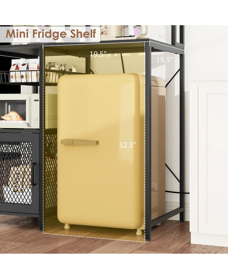 homfan Industrial Freestanding Kitchen Shelf, Bakers Rack with Refrigerator Compartment and Power Outlet, Microwave Station for Pantry Living Room