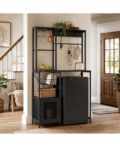 homfan Industrial Freestanding Kitchen Shelf, Bakers Rack with Refrigerator Compartment and Power Outlet, Microwave Station for Pantry Living Room