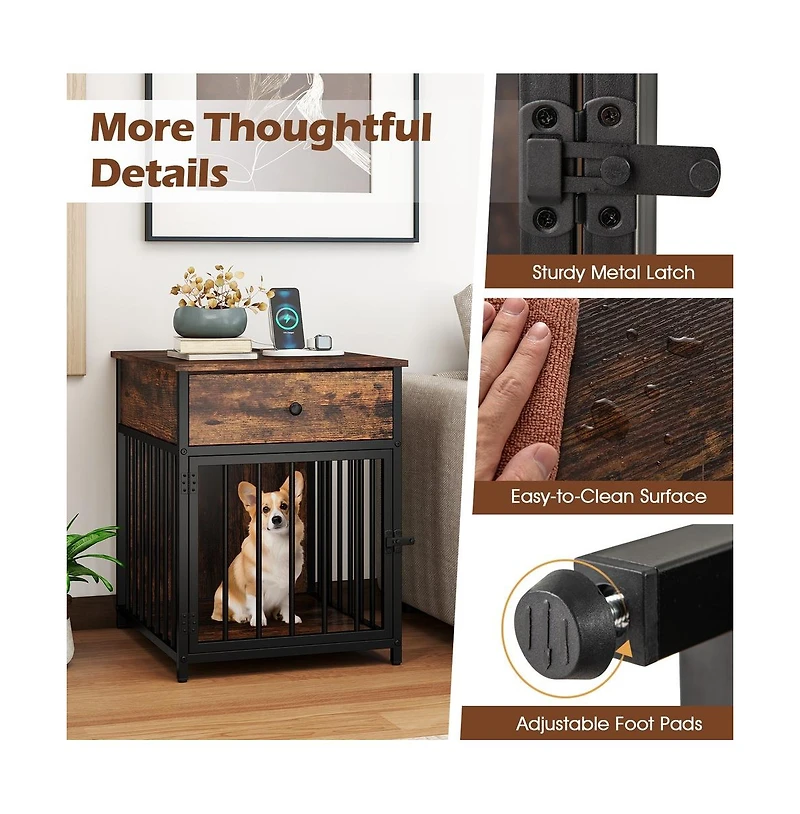 Ruie Wooden Dog Crate Side Table with Storage Drawer and Usb Charging Station