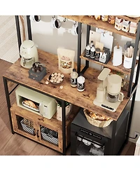 homfan Kitchen Bakers Rack with Fridge Space, Industrial Microwave Stand with Power Outlet, Freestanding Shelf for Pantry/Living Room