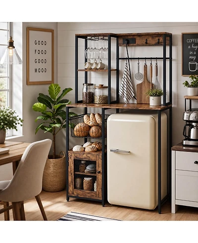homfan Industrial Freestanding Kitchen Shelf, Bakers Rack with Refrigerator Compartment and Power Outlet, Microwave Station for Pantry and Living Room