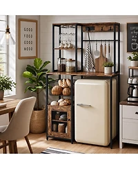 homfan Industrial Freestanding Kitchen Shelf, Bakers Rack with Refrigerator Compartment and Power Outlet, Microwave Station for Pantry and Living Room
