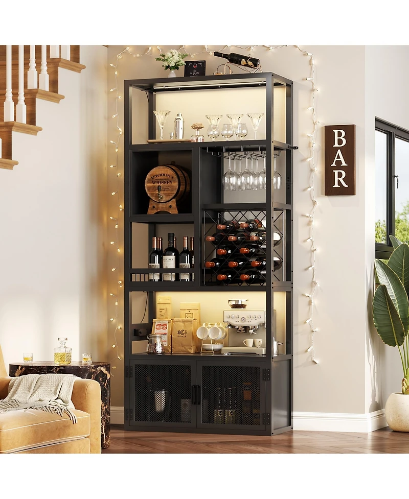 Aheaplus Tall Wine Bar Cabinet with Led Light and Charging Station, 7-Tier