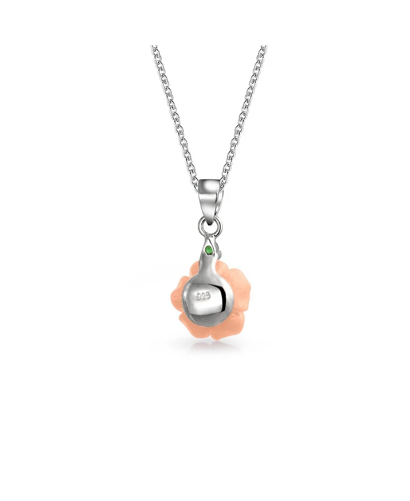 Bling Jewelry Delicate Floral Blooming 3D Pink Rose Flower Green Cz Accent Pendant Necklace For Women For Sterling Silver