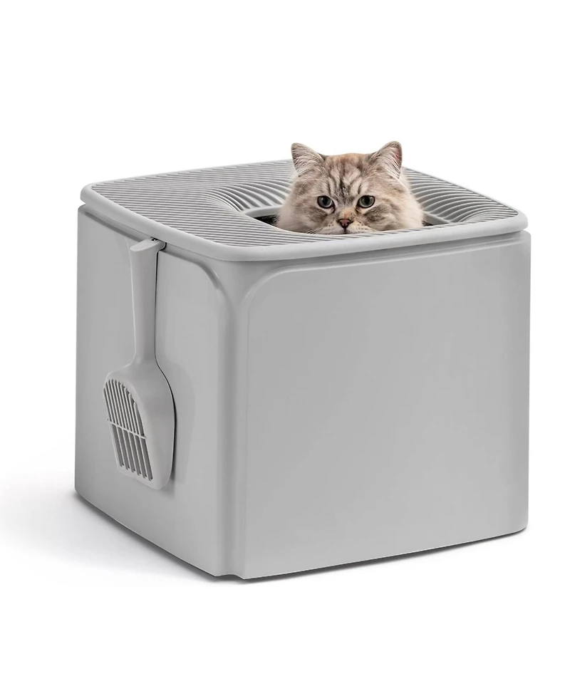 Iris Usa Premium Top Entry Cat Litter Box with Scoop and Enclosed Design, Gray