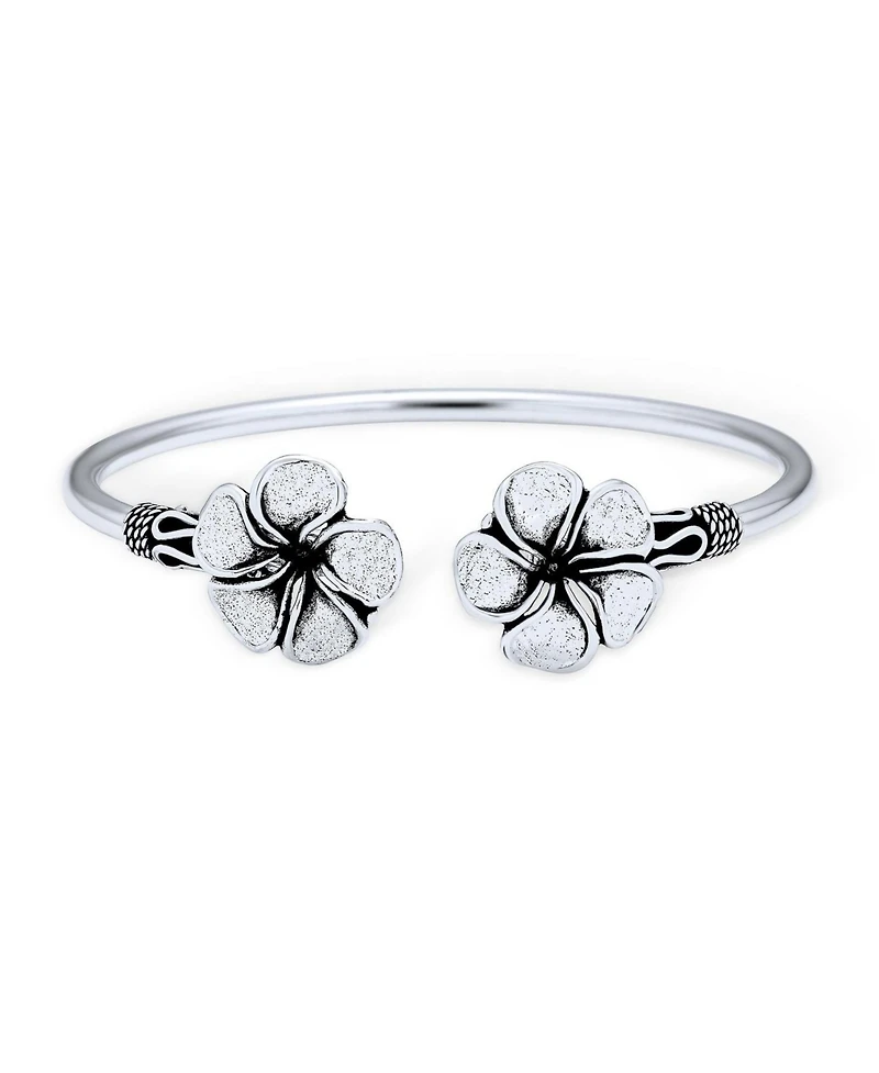 Bling Jewelry Bali Floral Style Plumeria Flower Stacking Bangle Cuff Bracelet Oxidized .925 Sterling Silver