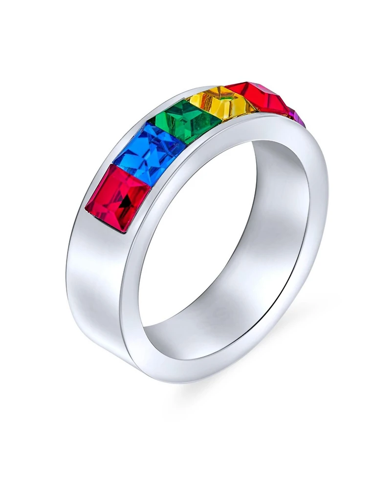 Bling Jewelry Rainbow Band Ring Cz Colorful Silver Tone Stainless Steel 8MM